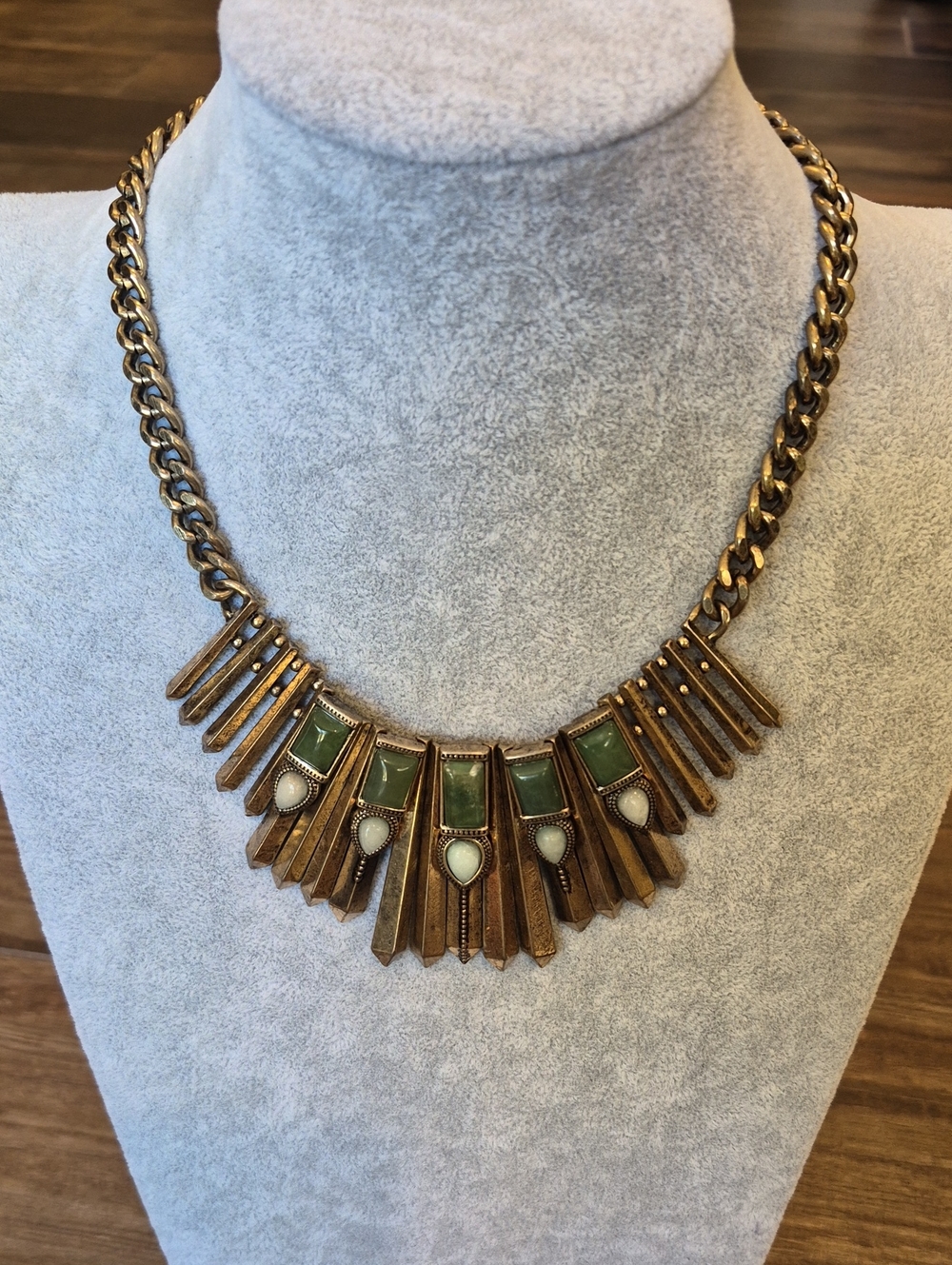 Vtg Rustic Metal & Stone Beaded Fringe Bib Statement Chain Necklace